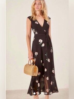 Reformation Carina Midi Wrap Dress Size XS Black Floral